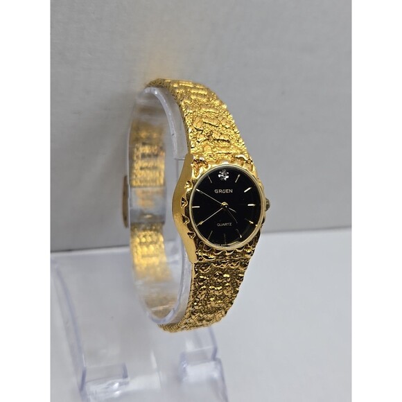 Vintage Gruen Diamond Gold Nugget Black Dial Womens Quartz Watch New Battery - Picture 3 of 10